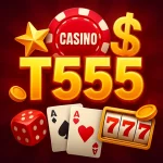 T555 Game casino app with cards, slots, and poker chips on a glowing table