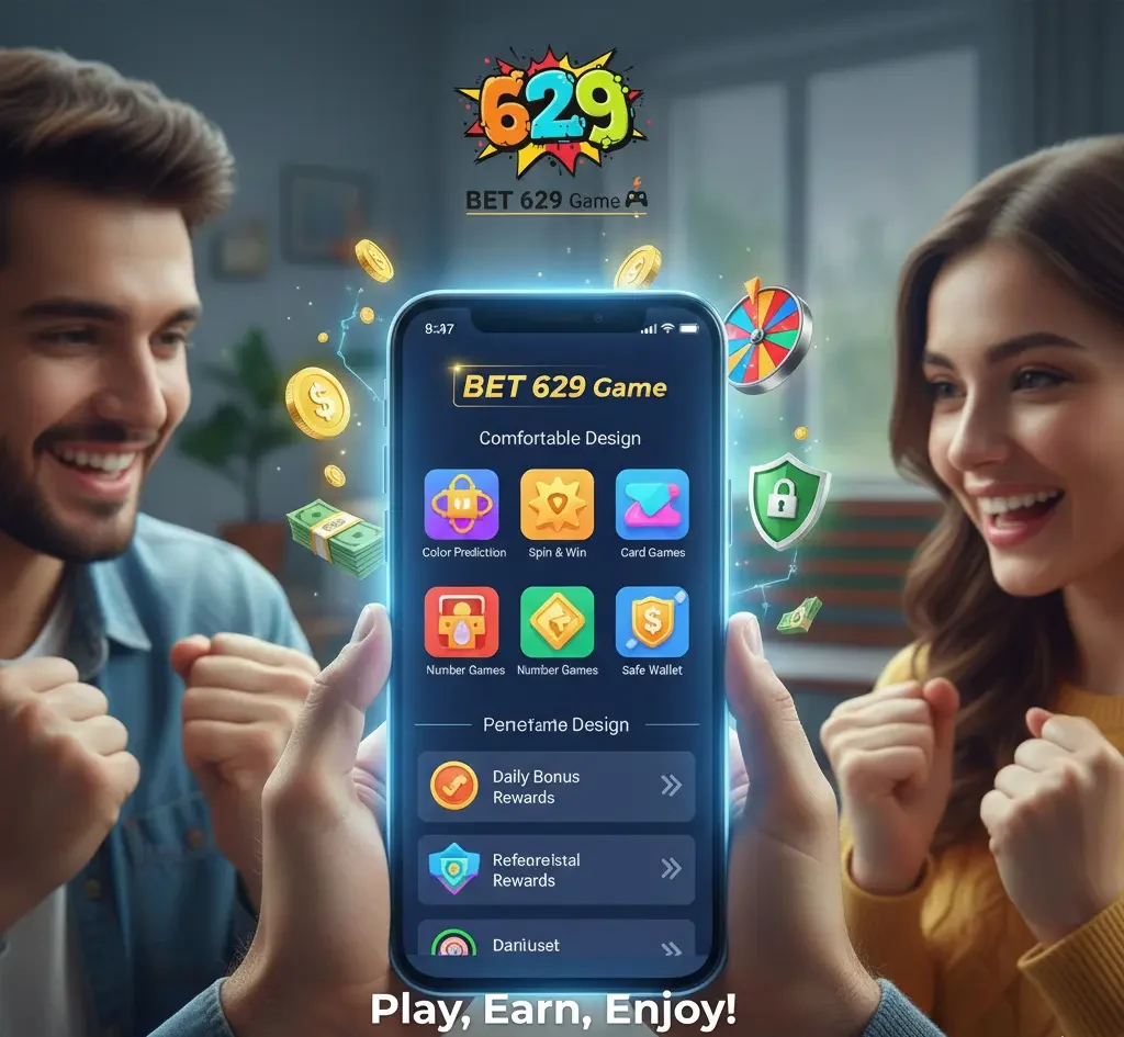 BET 629 Game features list displaying bonuses, wallet system and easy game categories.